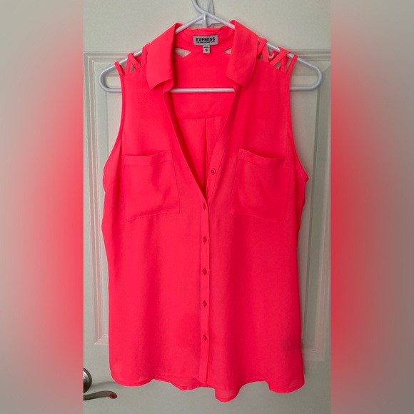 Express Hot Pink Sleeveless Collared Button Down Lattice Tank Top Sz M - Picture 1 of 5